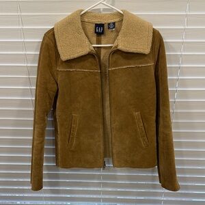 GAP Women's Brown Genuine Leather Jacket with Shearling Style Collar